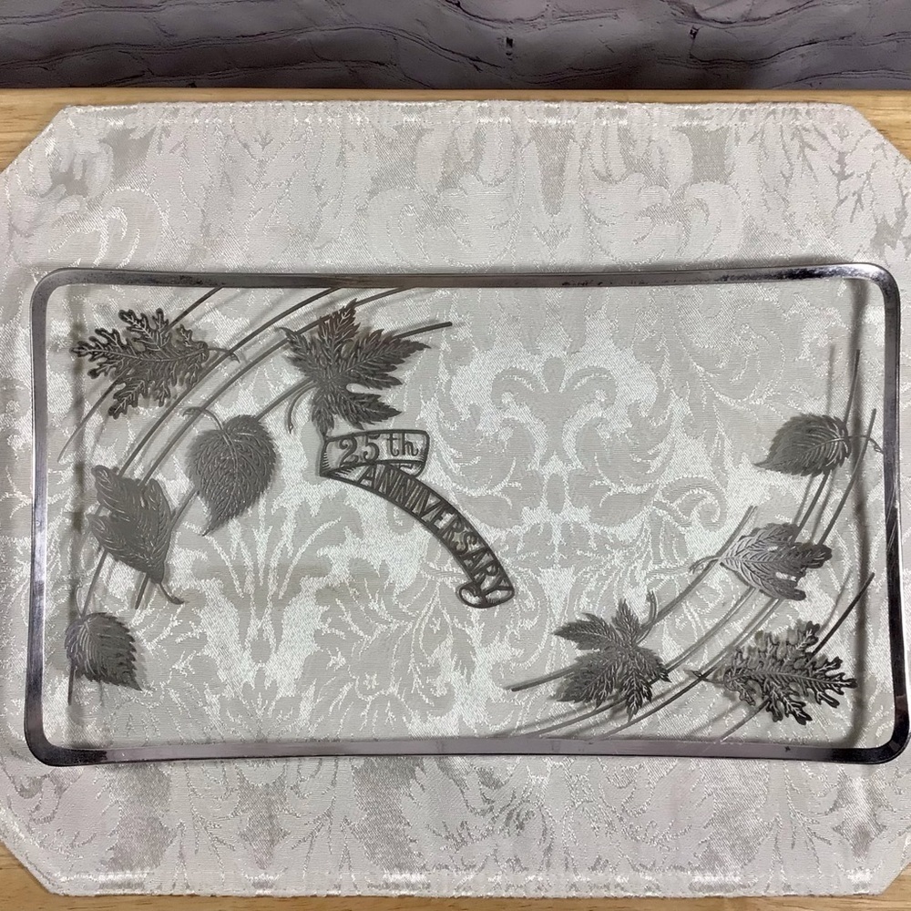 Vintage 1940’s Rectangular 25th Anniversary Clear Glass Tray with Silver…